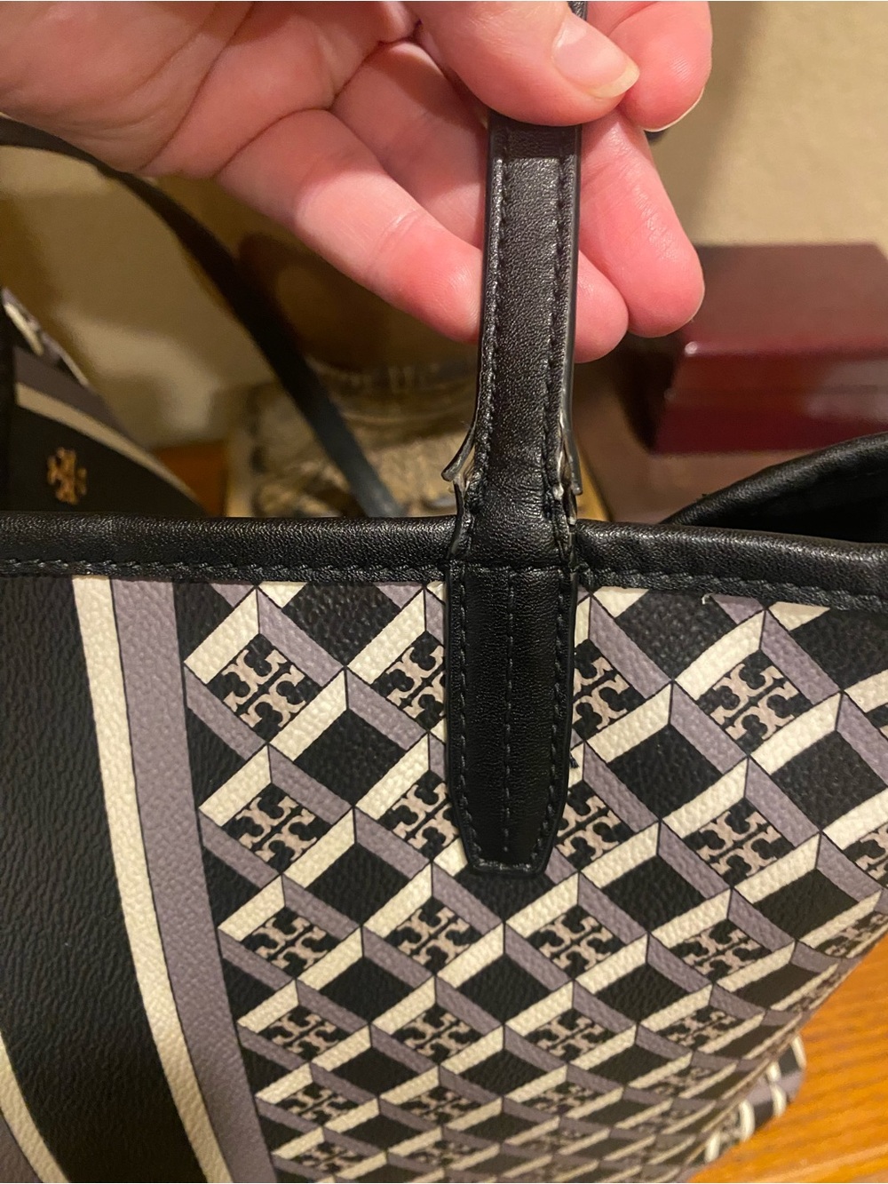 Tory Burch Black, Gray and Cream Monogram Stripe Tote - Picture 7 of 7